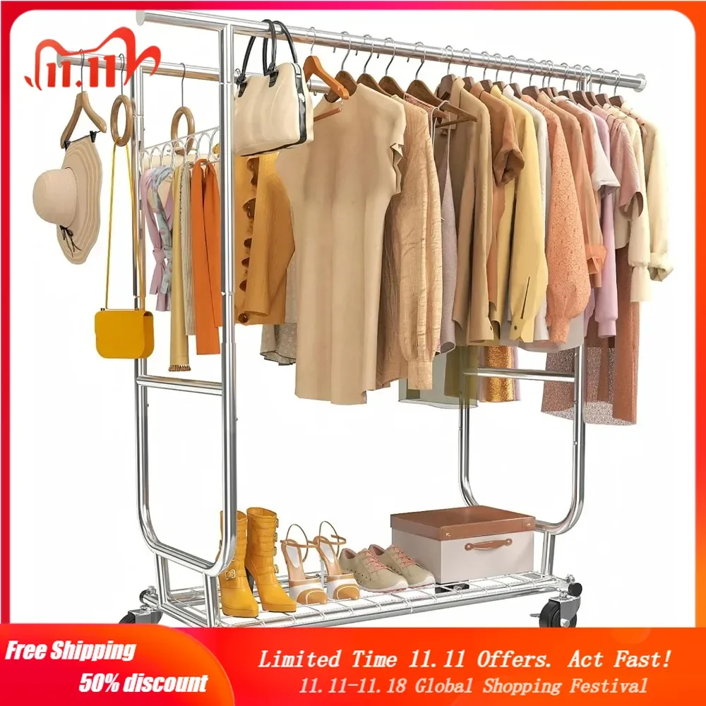 Clothes Rack Heavy Duty 620LBS For Hanging Clothes, Commercial Garment Rack Heavy Duty,Collapsible ＆ Portable Clothes Rack