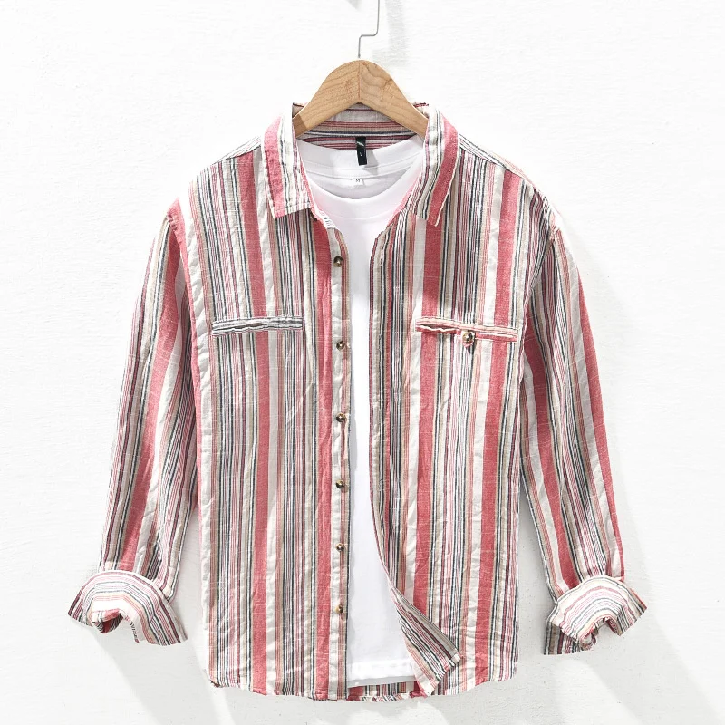 Fashion Laple Collar Long Sleeve Striped Shirt For Men Versatile Comfortable Cotton Linen Hemp Casual Shirt Tops Male Clothes