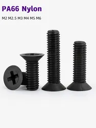 20/50/100Pcs M2 M2.5 M3 M4 M5 M6 Cross PA66 Nylon Countersunk Head Screws Black Plastic Phillips Flat Machine Screw Length4-40mm