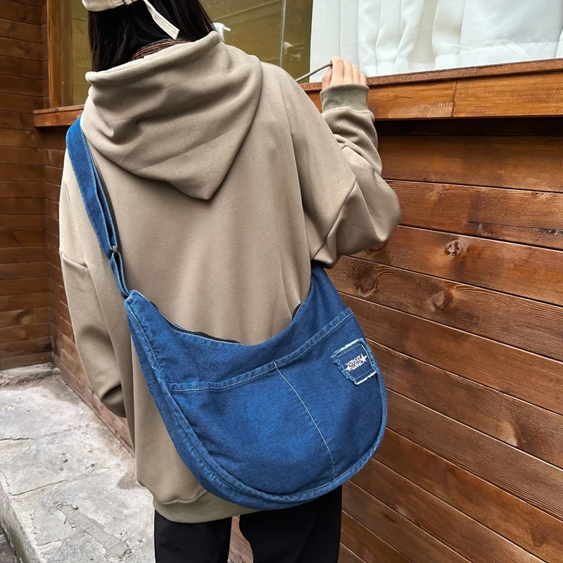 

Half Moon Canvas Crossbody Bags For Women Denim Blue Canvas Shoulder Bag Female Casual Women Messenger Bag Reusable Shopping Bag