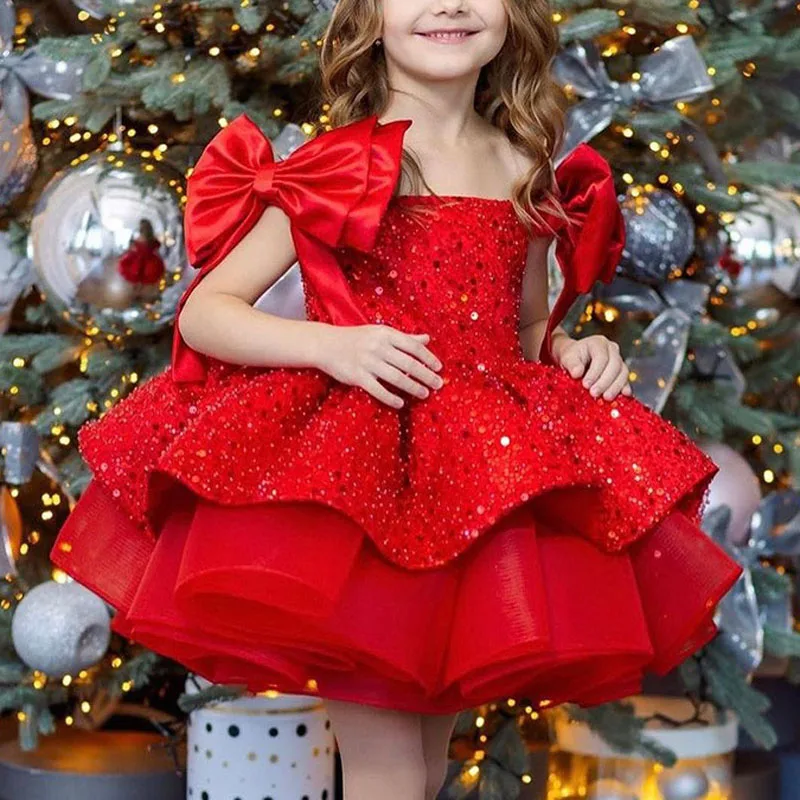 Customize New Children Wedding Dress Red Kids Big Bow Sequined Tutu Skirt Girls Princess Dresses Christmas Birthday Party Gown