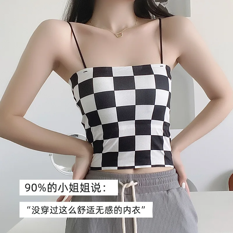 Long Plaid Ice Silk Underwear That Makes Your Back More Beautiful with Braces and Breast Pad Tube Top Push up Anti-Slip Outer We