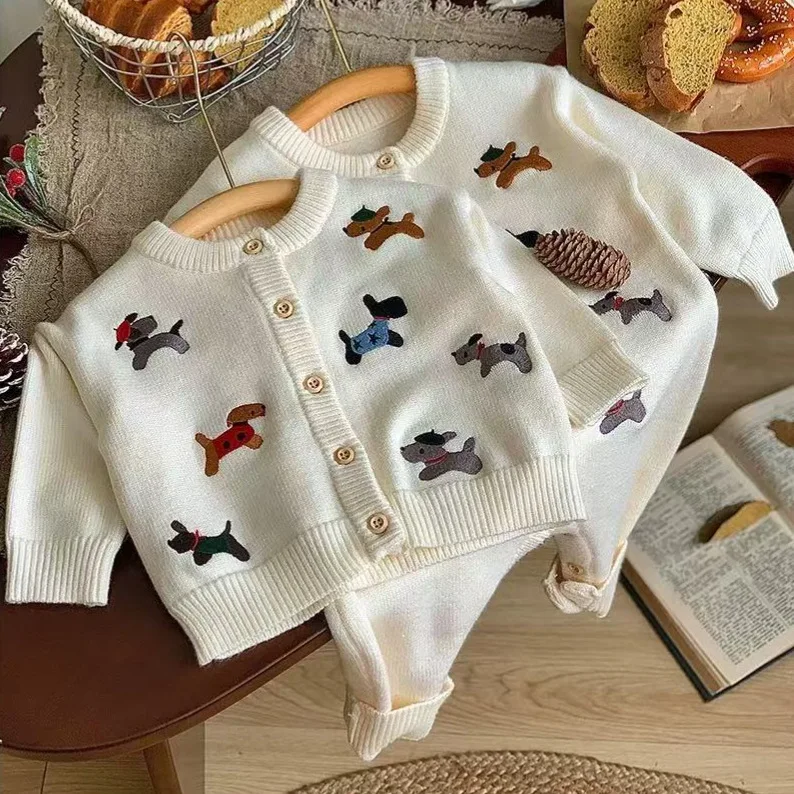 

Adult Kids Knitted Sweater for Family Matching Clothes Dad Mom Daughter Son Embroidered puppy Cardigan Tops Pullover Outfits
