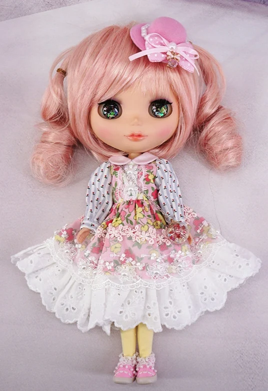 Outono conjunto de cinco peças boneca bjd blythe roupas vestido de renda rosa com chapéu vestido shredded (apto para pullip, ob24, licca)