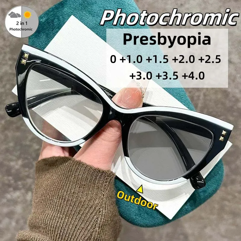 

Fashionable Large Frame Cat Eye Photochromic Presbyopia Glasses Ladies' Vintage Multi-color Rivet Anti Blue Light Glasses