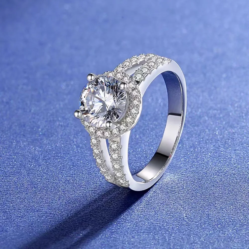 2ct Moissanite Band Ring in White Copper with Dual Tiered Geometric Design Featuring Smooth Circular Profile Electroplated Finis