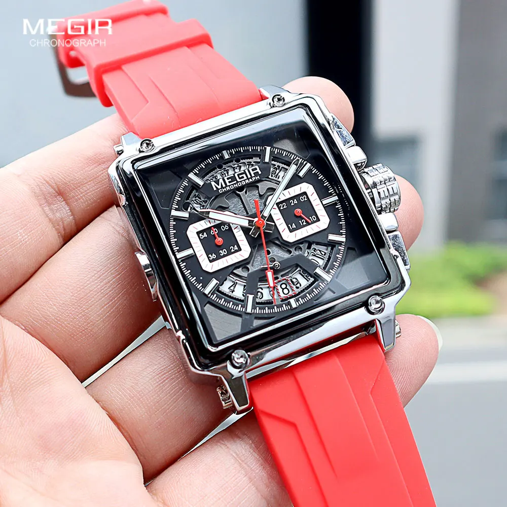 MEGIR Red Sport Chronograph Quartz Watch Men Fashion Waterproof Wristwatch with Luminous Hands Silicone Strap Date Square Dial