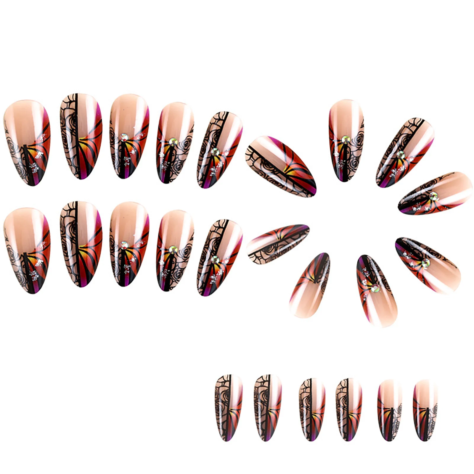 Woman French Press-on Nail Pointed Tips Butterfly Rose Print Artificial Nail for Women and Girl Nail Salon at Home