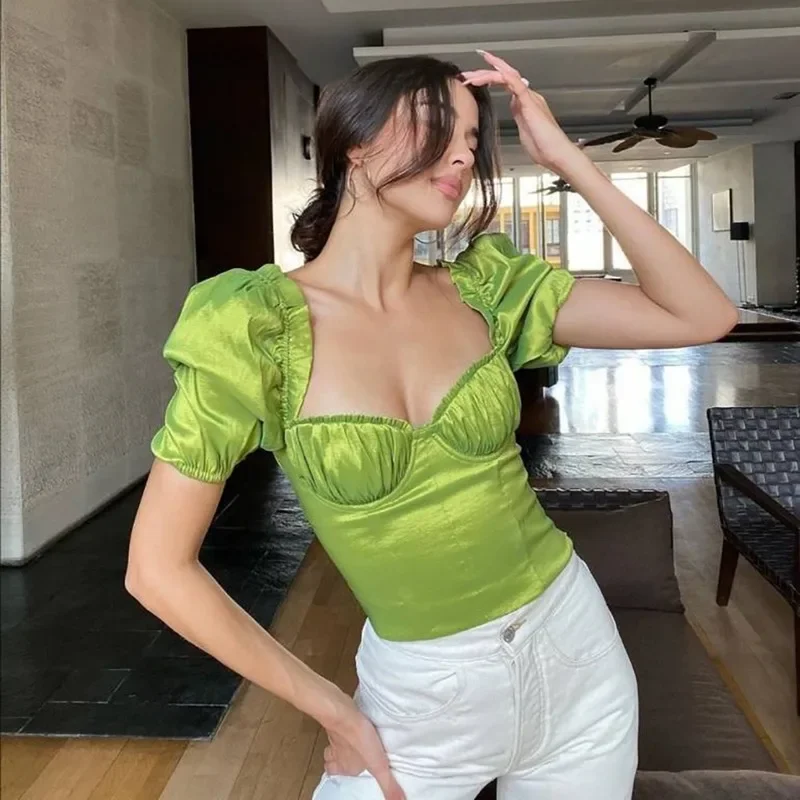 Women Summer Soild Color Pleated Lace Wrap Chest Open Back Slim T-shirt Woman New Short Sleeve Green Tops Square Collar Tshirts