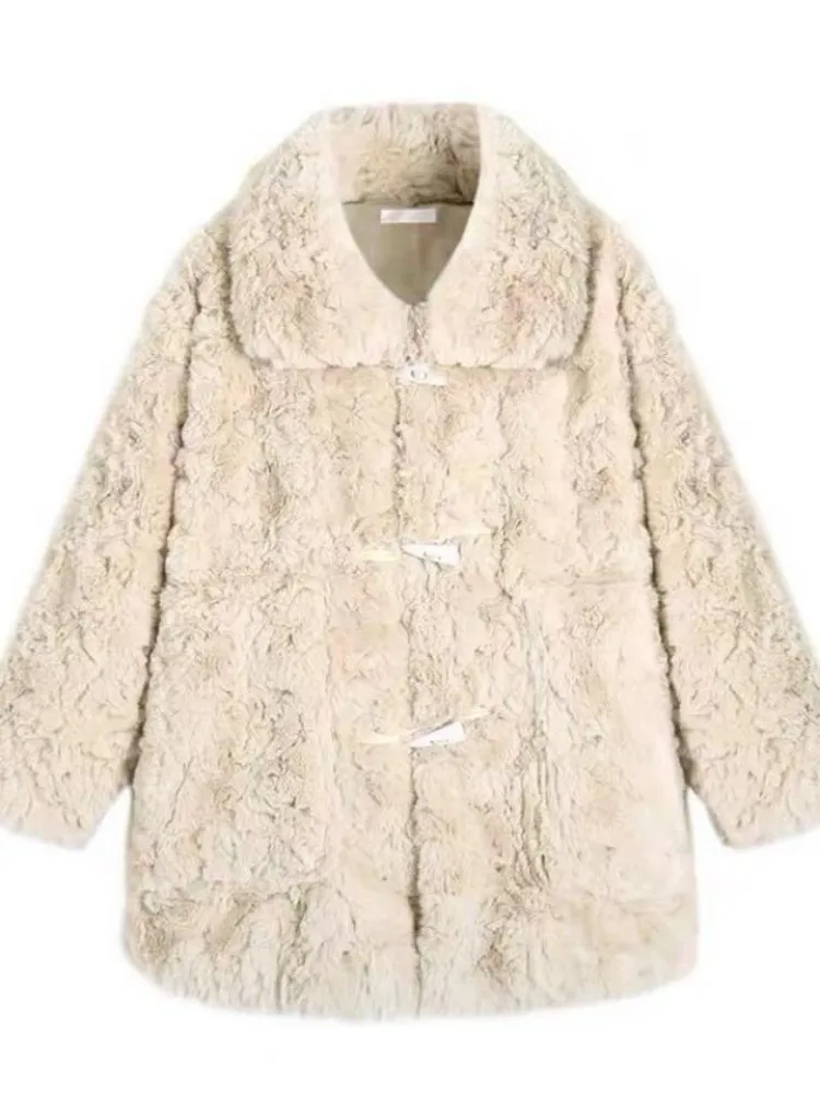 معطف فرو خروف نسائي عصري متوسط الطول مع أزرار من فرو الأرنب المخملي للخريف والشتاء معطف طويل Sve بياقة واقفة... #5