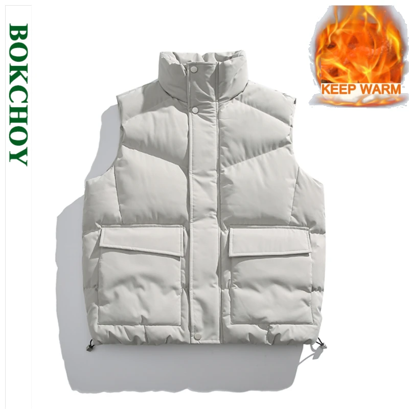 

2024 Winter New Cargo Loose Solid Color Vest Jackets for Men Clothing Keep Warm Stand Collar Padded Coat JL3320-2