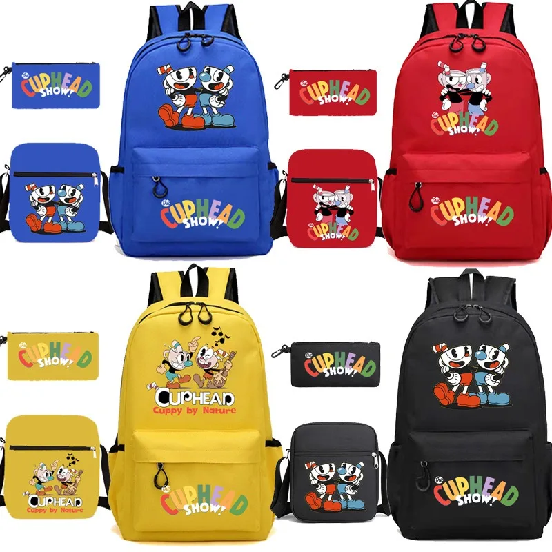 Nouveau lot de 3 sacs à dos scolaires populaires Cuphead Show Print pour écoliers, sac à dos pour ordinateur portable, sac à bandoulière et trousse à crayons