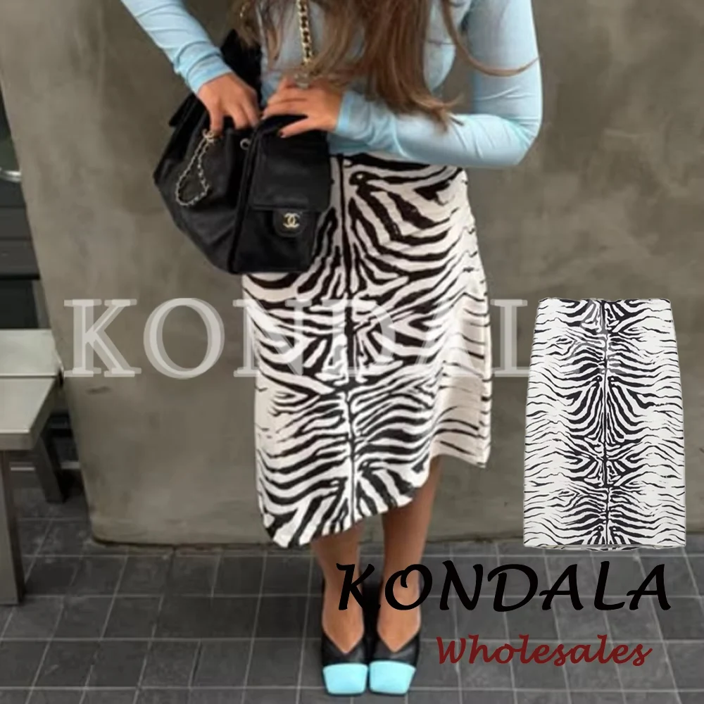 KONDALA Vintage Zebra Striped Woman Long Skirt Chic Fashion 2026 Streetwear Autumn Night Party Chic Sheath Elegant Female Skirts