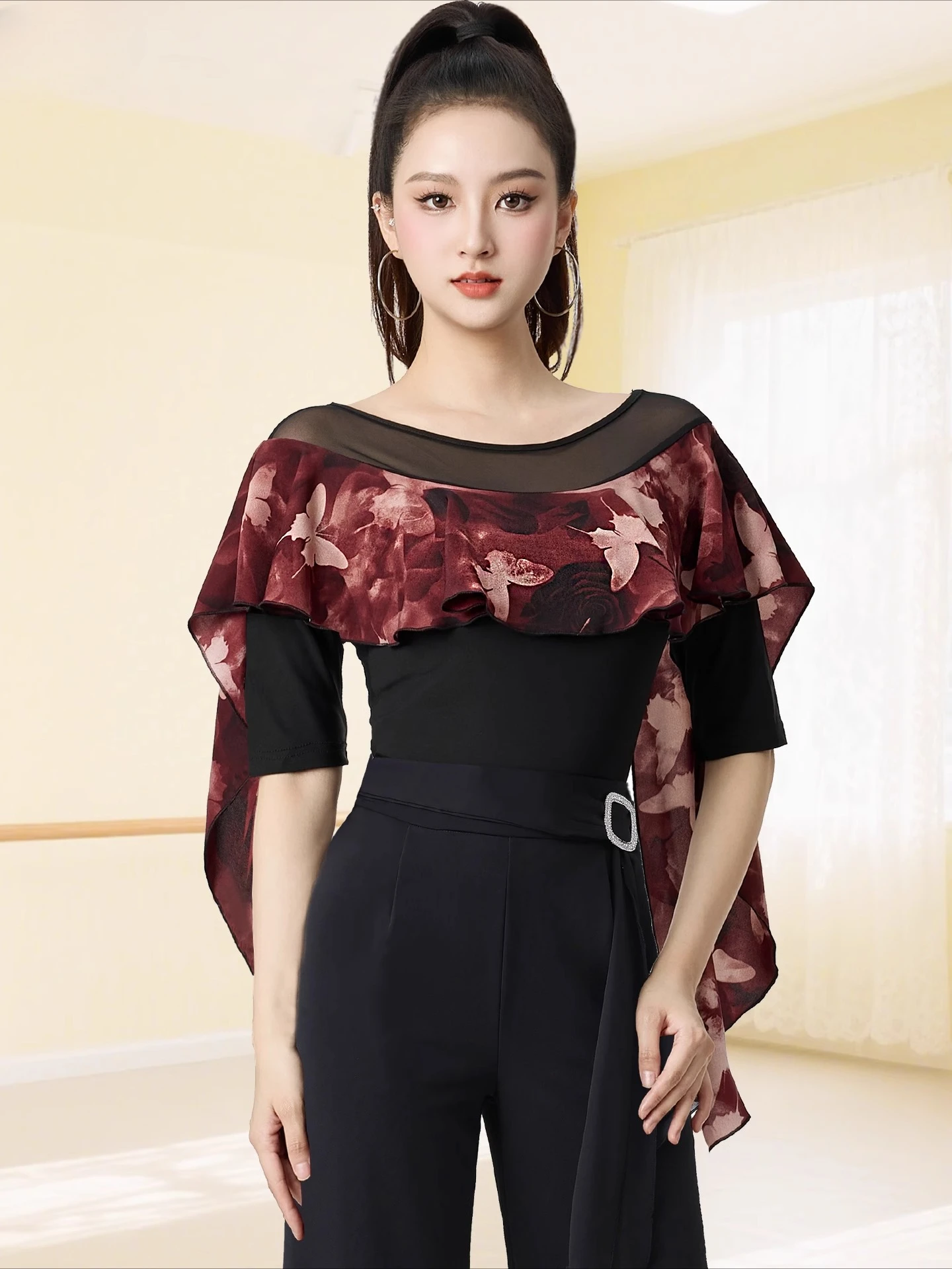 새로운 현대 댄스 탑 패션 인쇄 라틴 댄스 의류 우아한 크루 넥 라틴 댄스 의류