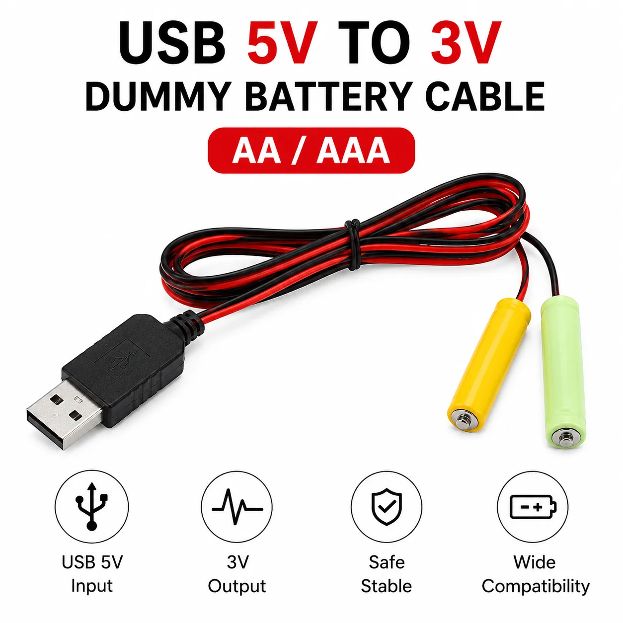 Câble d'alimentation USB 5V vers 3V pour batterie factice, adaptateur éliminateur de pile AA AAA, cordon d'alimentation de remplacement 1M 2M