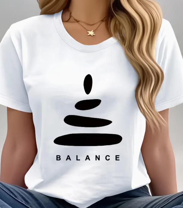 T-shirt Femme Minimaliste Imprimé Zen avec Motif Pierres Empilées, Manches Courtes, Col Rond, Décontracté, Noir, Été, Streetwear, Usage Quotidien