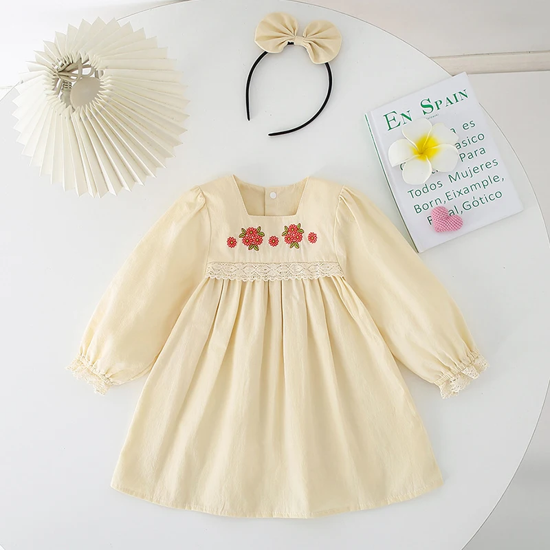 2024 New Girls Embroidered Flowers Dress Infant Baby Girls Sister Clothes Girls Long Sleeves Rompers Spring Autumn Costume