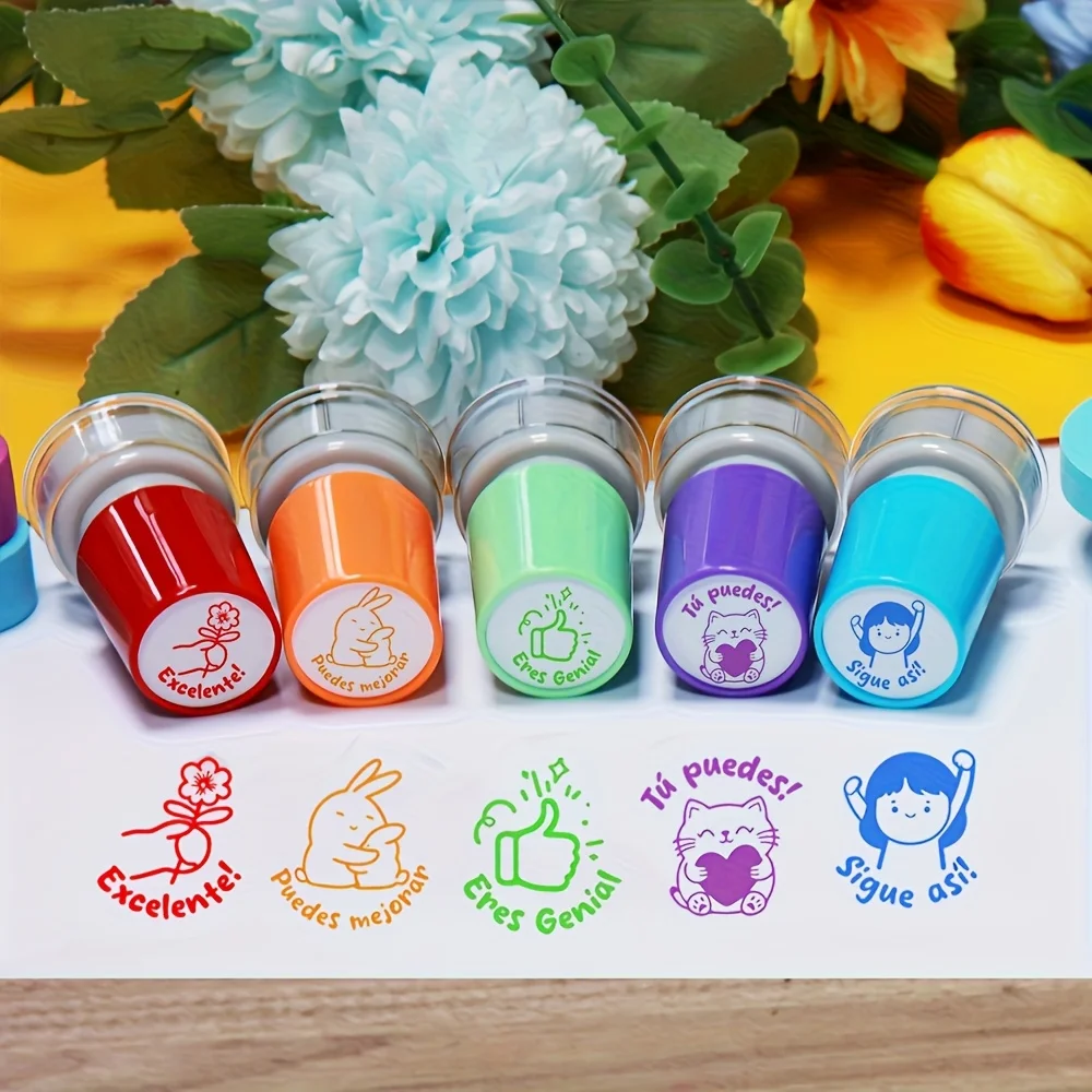 5 Spanish motivational teacher feedback stamp sets, automatic ink homework grading stamps