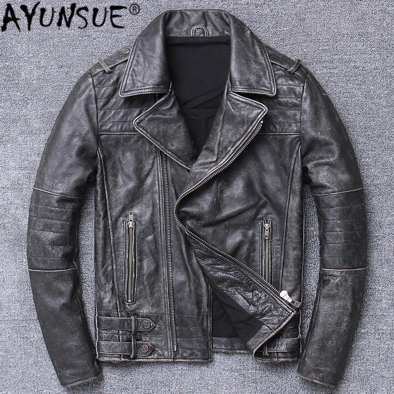 

Men's Leather Jacket 100% Real Cow Genuine Men Slim Long Sleeve Style of Vintage X-15818