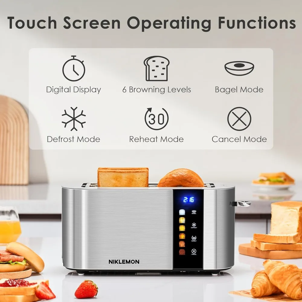 Full Stainless Steel Toaster with LED Display, Bagel, Defrost, Reheat, Cancel Functions, Removable Crumb Tray