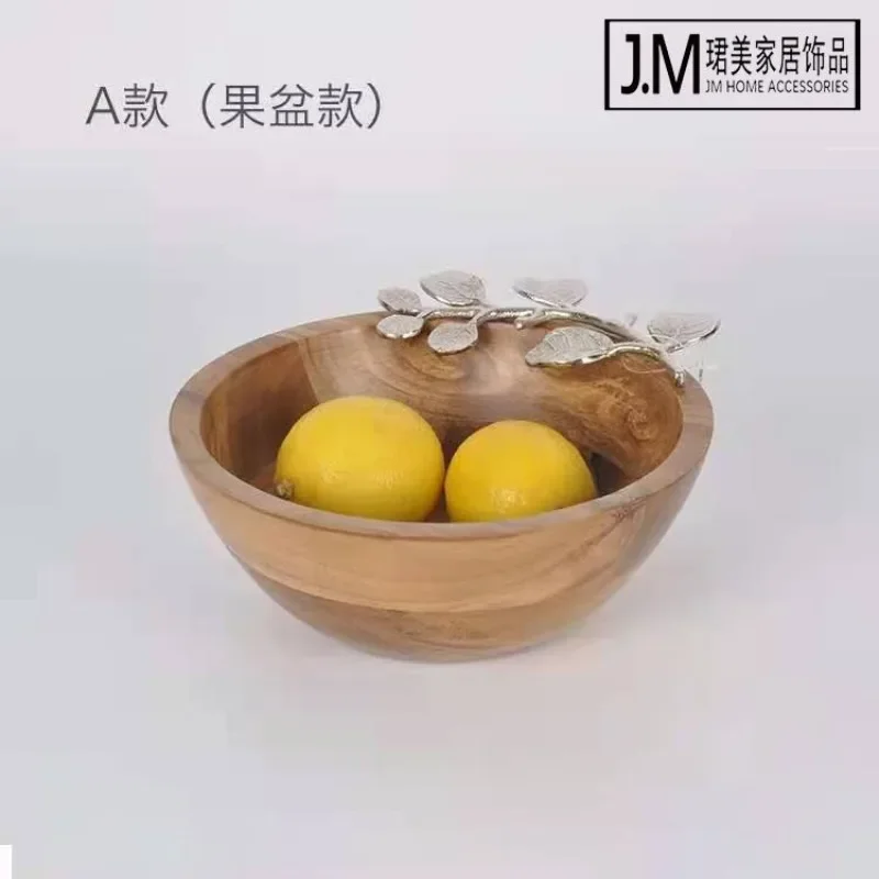 New Chinese branch handle round solid wood tray fruit bowl coffee table decorative plate wooden bowl ornament
