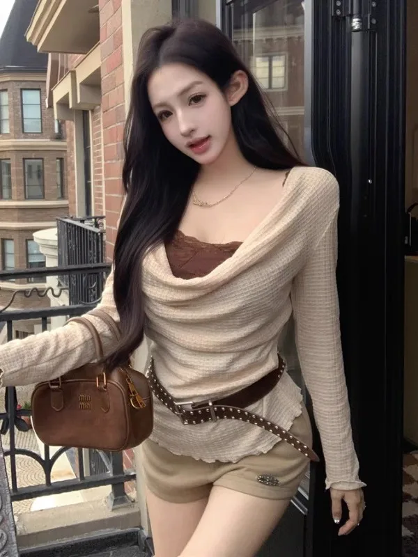 

Lace Crop Top And Vest Set for Women Elegant Sweet And Spicy Style Knitted Long Sleeve mid Waist French Style
