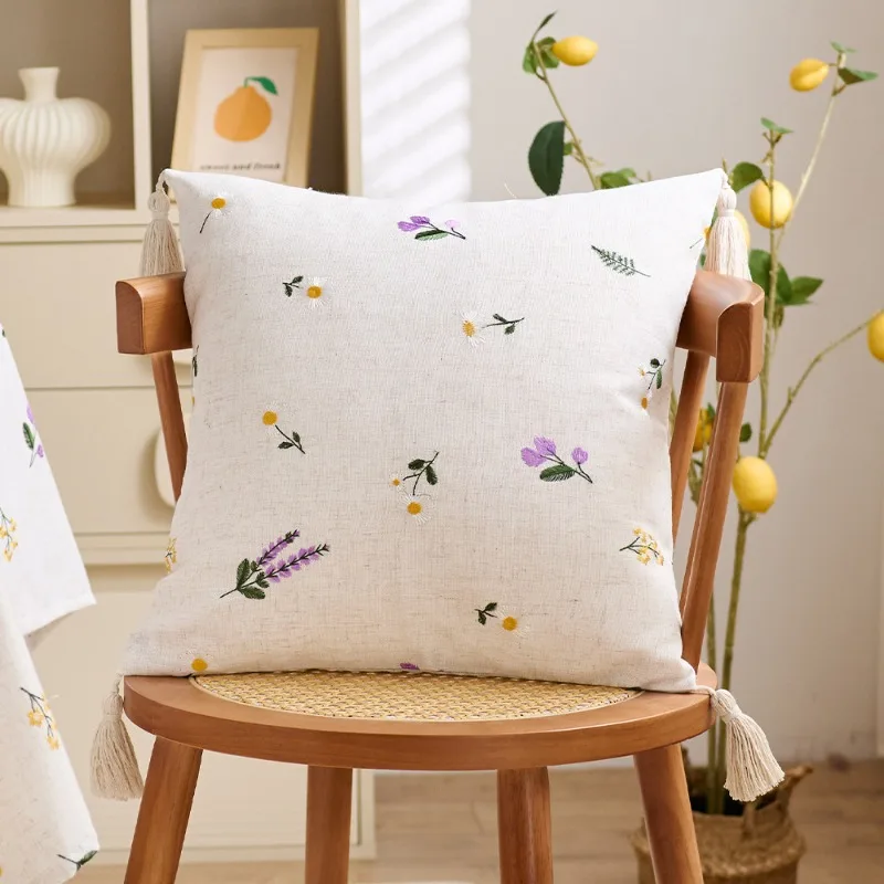 

French Floral Embroidered Cushion Cover with Tassels Natural Linen-cotton Beige Throw Pillow Case for Sofa Home Decor