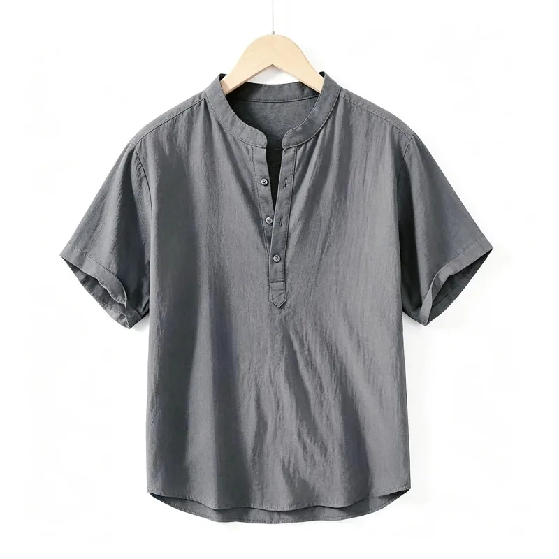 Summer Mens Short Sleeve Shirts Solid Color Stand Collar Oversize T Shirts Breathable Loose Youth Basic Cotton Shirts Man view 5