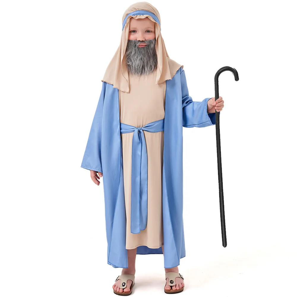 Gran oferta, disfraz de Halloween de abuelo marrón árabe, bata azul de pastor de Oriente Medio para niños con tocado