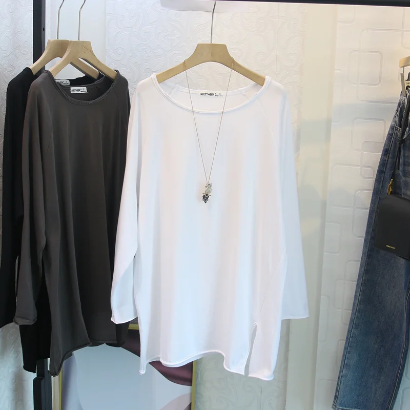 

Long Sleeve Women's T-shirt Design Sense Slit Show Clavicle Korean Style round Neck Loose Fit Casual Thin Polyester Cotton Blend