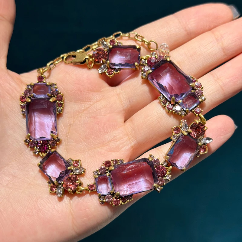 

Vintage Square Purple Violet Glass Charm Bracelets For Women Accessories Gold Color Pink Rhinestone Jewelry 2026 High Quality