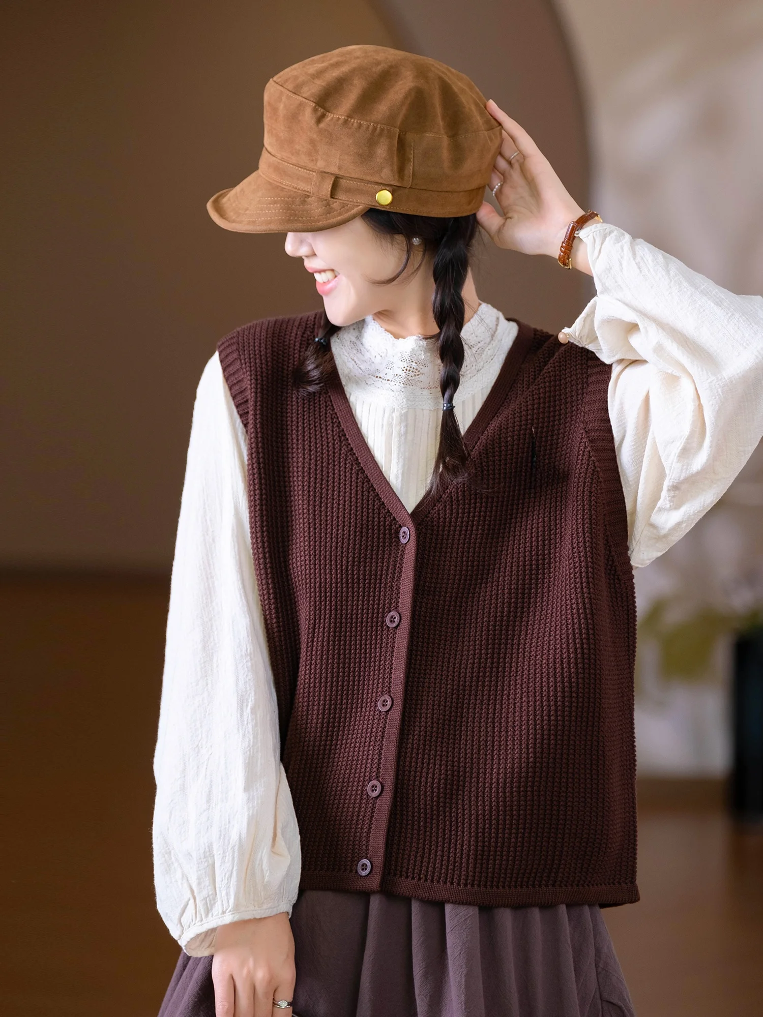 

Retro Sle Loose V-Ne Vest Cotton Tead Autumn Wheat Needle Ironing Malleable Slimming Chinese Brand Women's Vest