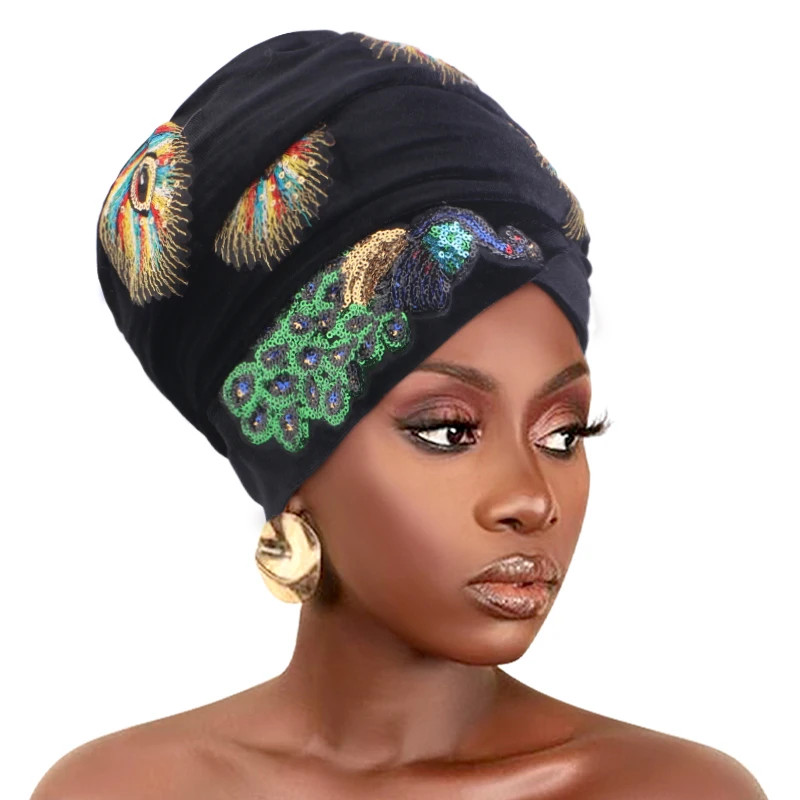 New fashion women gorgeous Embellished Peacock sequined Velvet Turban Long Head Wraps women luxury Hijab head scarf turbante