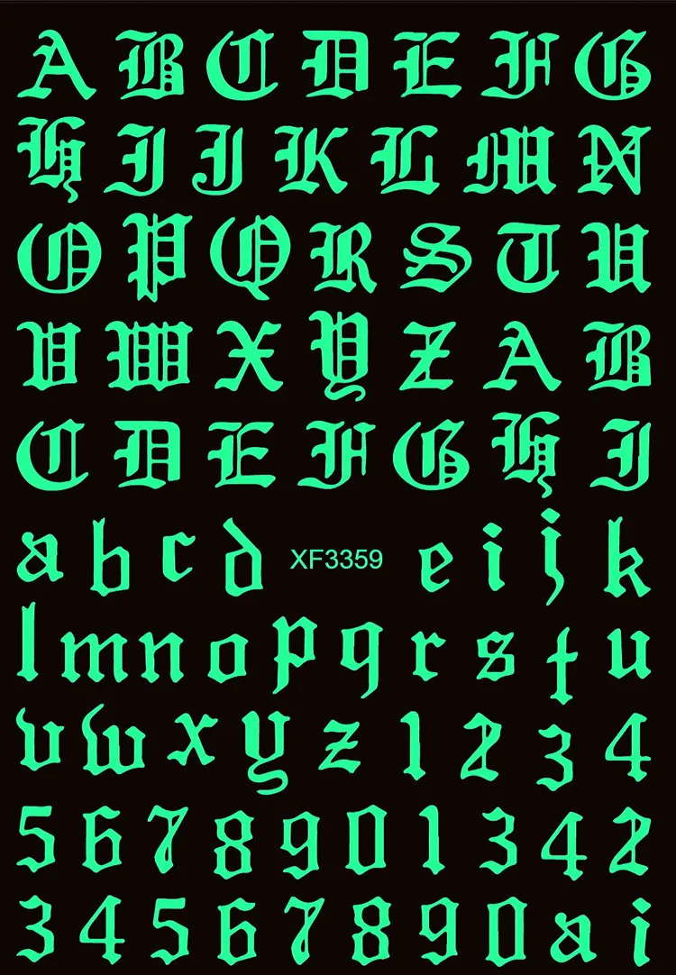 1 foglio adesivo per nail art che si illumina al buio fiocchi di neve fiamma vecchio alfabeto inglese pentagramma linea di farfalle cuore stella foglia decalcomanie