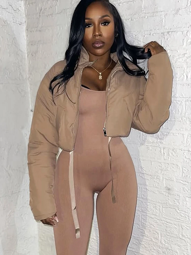 

Weird Puss Warm Zip Crop Jacket Women Hipster Pocket Turtleneck Full Sleeve Ribbon Street Basic Winter Puffer Quilted Parkas