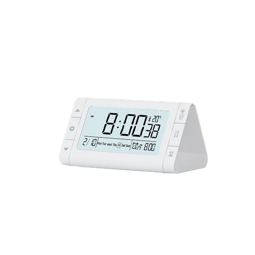 Sleek Triangular Battery Operated Alarm Clock with Adjustable Triple Alarms Soft Night Light Option and Real Time Temp Display