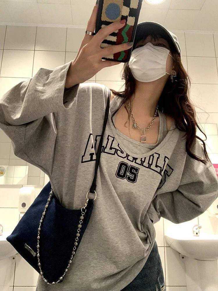 Y2K Two Pieces Set Oversized Women T-Shirts Spring Long Sleeve Halter Letter Print Sweatshirt Ladies Casual Loose Grey Tops New