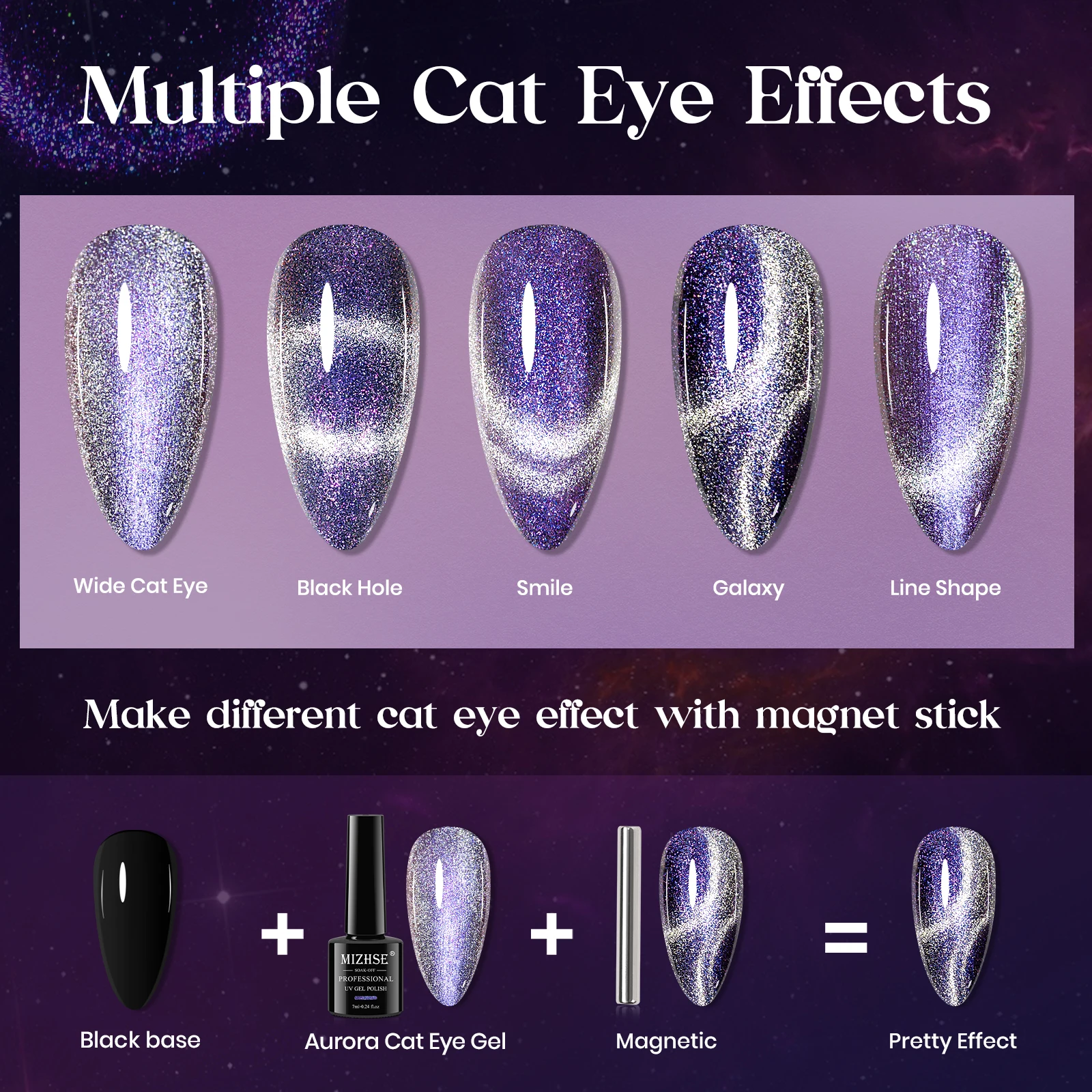 MIZHSE Aurora Kit de esmalte de uñas en Gel para ojos de gato, 2 uds., barniz de Gel Led UV magnético para remojar, Gel morado y plateado para uñas de invierno DIY