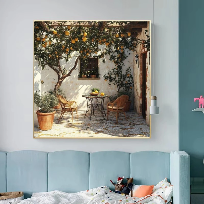 Lemon Tree Courtyard Chair Table Oil Painting By Numbers on Canvas Wall Decoration for Living Room Handmade Gift No Frame