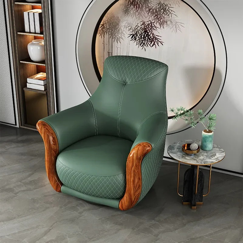 Ebony Leather Rotating Leisure Chair Simple Modern Living Room High Quality Cowhide Solid Wood Single Sofa Chair