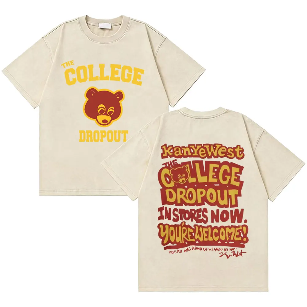 Washed Vintage Rapper Kanye West The College Dropout Bear Double Sided Graphic T-shirt Men Women Hip Hop Fashion Trend T Shirts