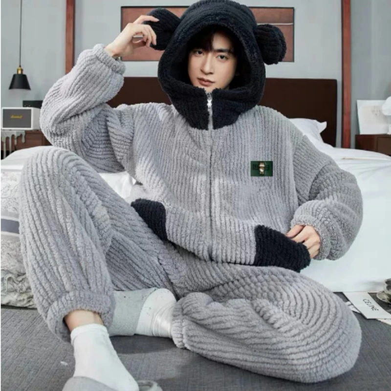 Add Velvet and Thick Pajamas Men  New Autumn and Winter Bear Series Men Loose Home Wear Set Zipper Hooded  Student 2024 Lovely