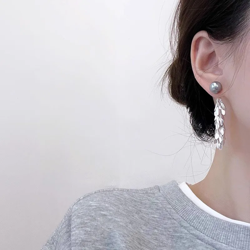 Kshmir Vintage Grey Pearl Metal Leaves Tassel Earrings for Women Girls Exquisite Fashion Elegant Jewelry Accessory Gifts