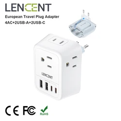 LENCENT US to EU Travel Adapter International Type-C Foldable Power Plug with 4 Outlets+2USB-A+2USB-C  5V/3A European Travel