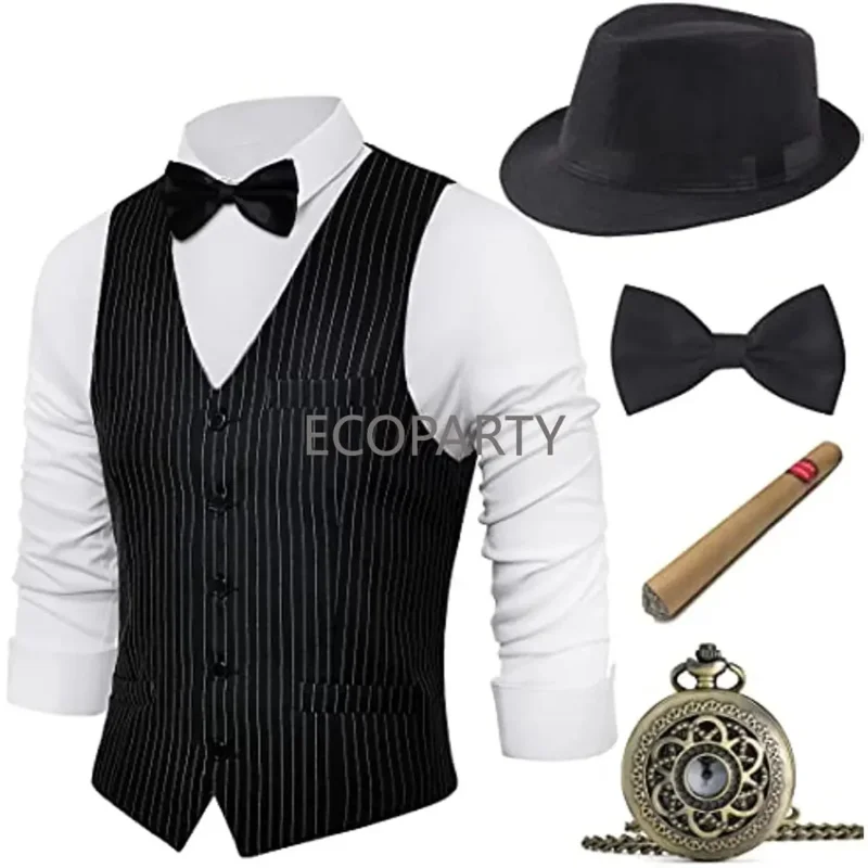 1920s Mens Gatsby Gangster Vest Costume Accessories Set Fedora Hat for Men Retro Costumes Anime Accessories