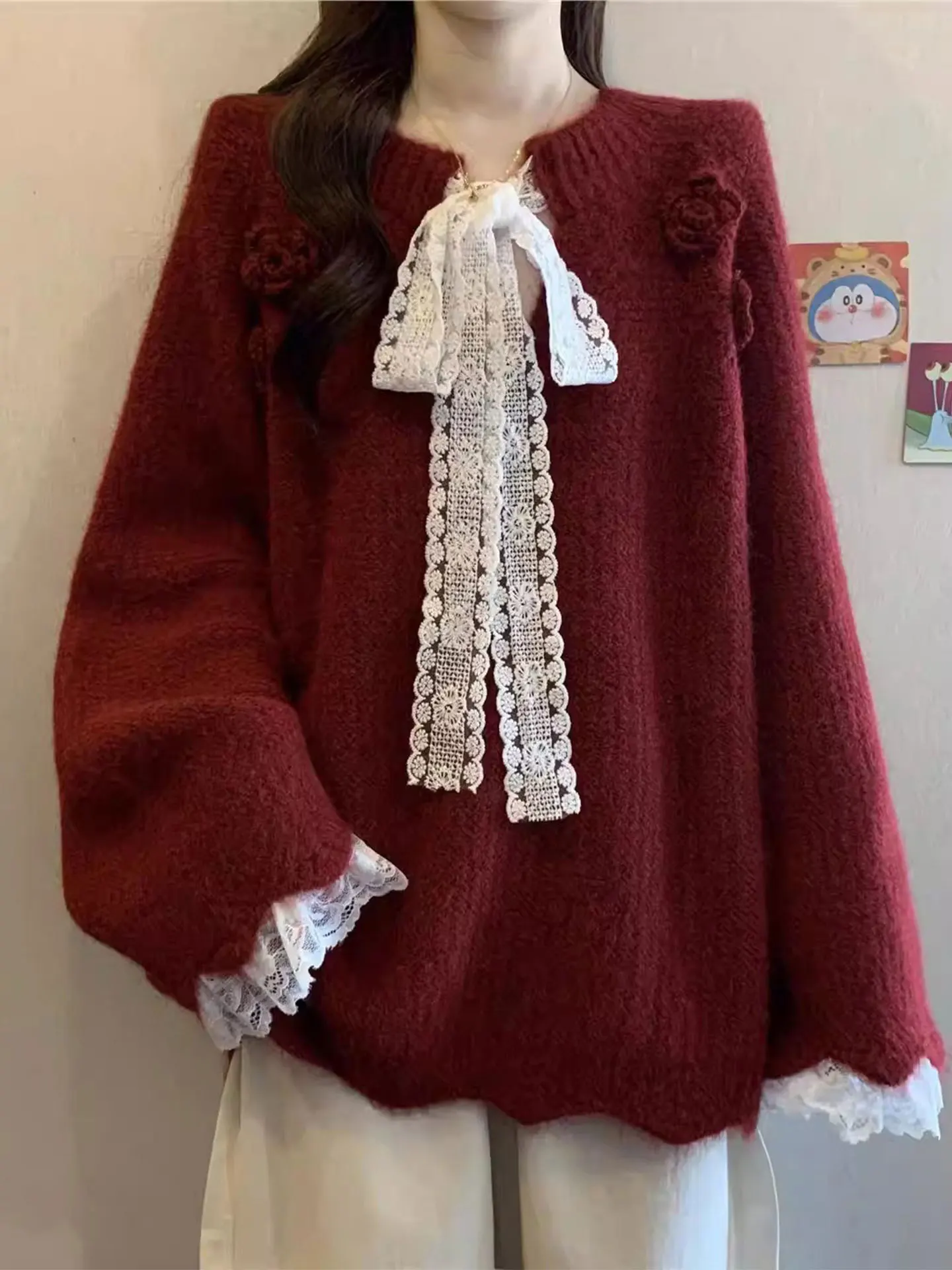 

Wine Red Long Sve Lace Trim Sweater Women's Winter Casual Loose Fit Knitted Top Ele Anti-Aging for Younger Look