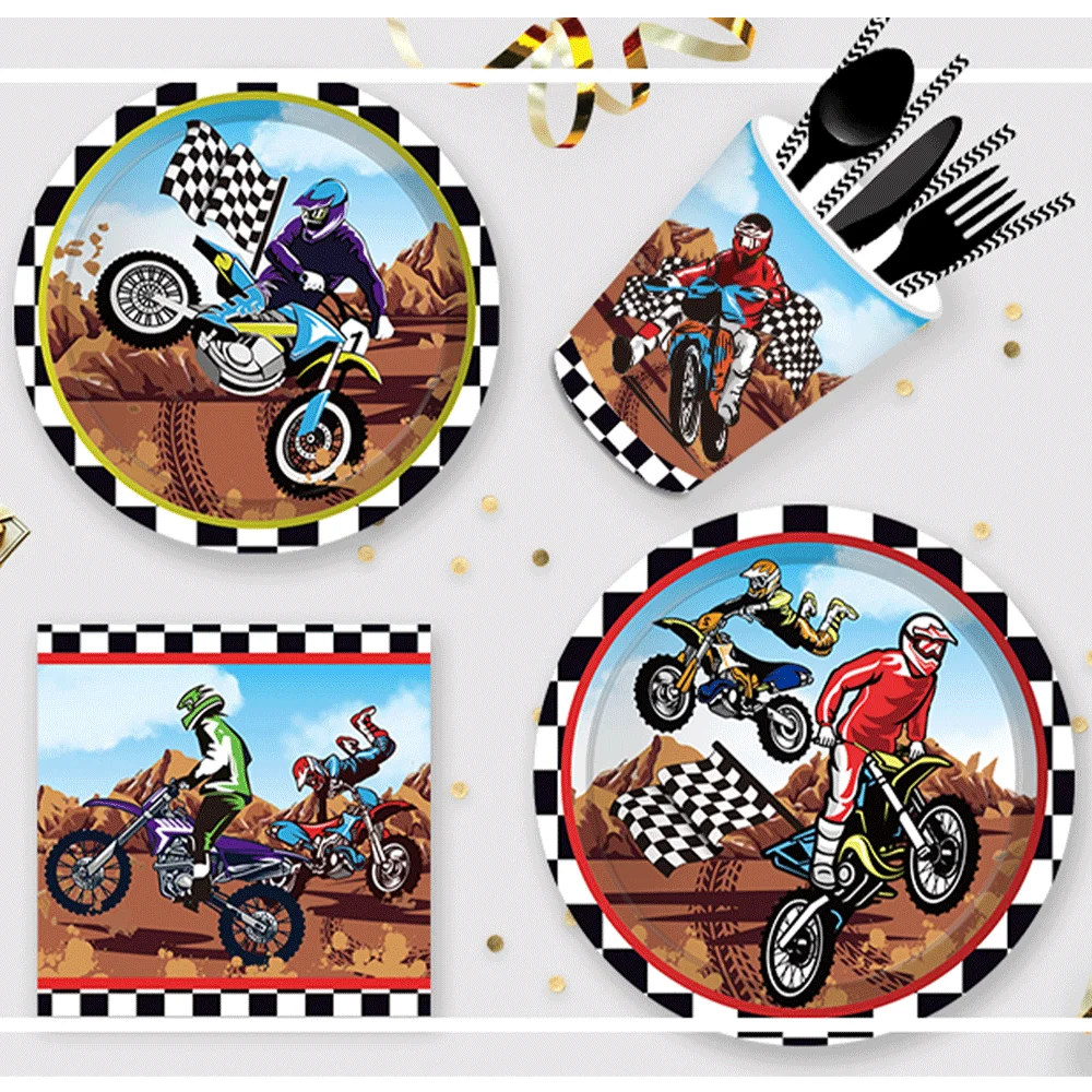 Motorcycle Theme Happy Birthday banner Plates Cake Topper Helmet Motocross Balloon Dirt Bike Birthday Decorations Party Supplies