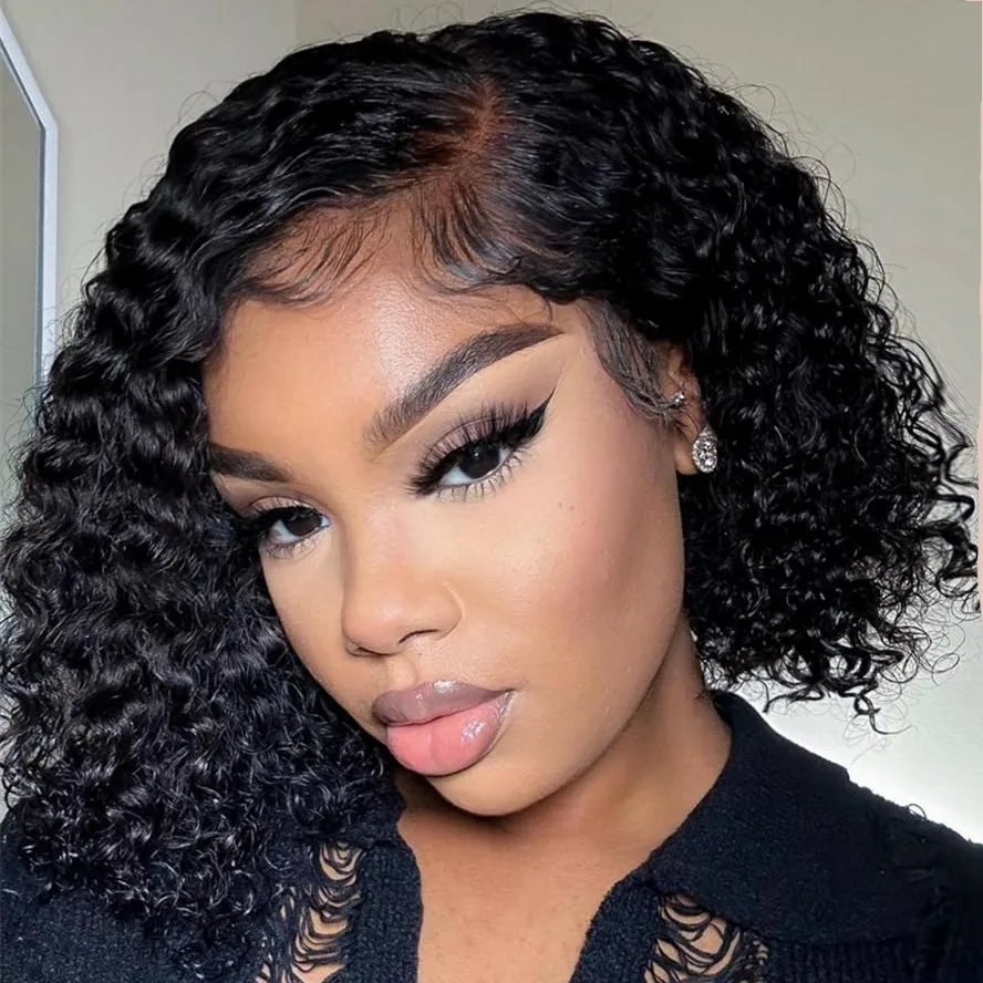 

pixie cut 13x4 lace 8inch black color 150% density Mother's day gift human hair wig daily darty cosplay use short curly wave wi