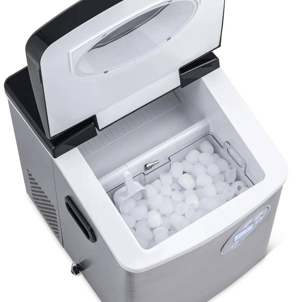 Compact tabletop portable ice maker weighing 50 pounds per day, with 12 cubes and 3 sizes of bullet shaped ice in 7 minutes