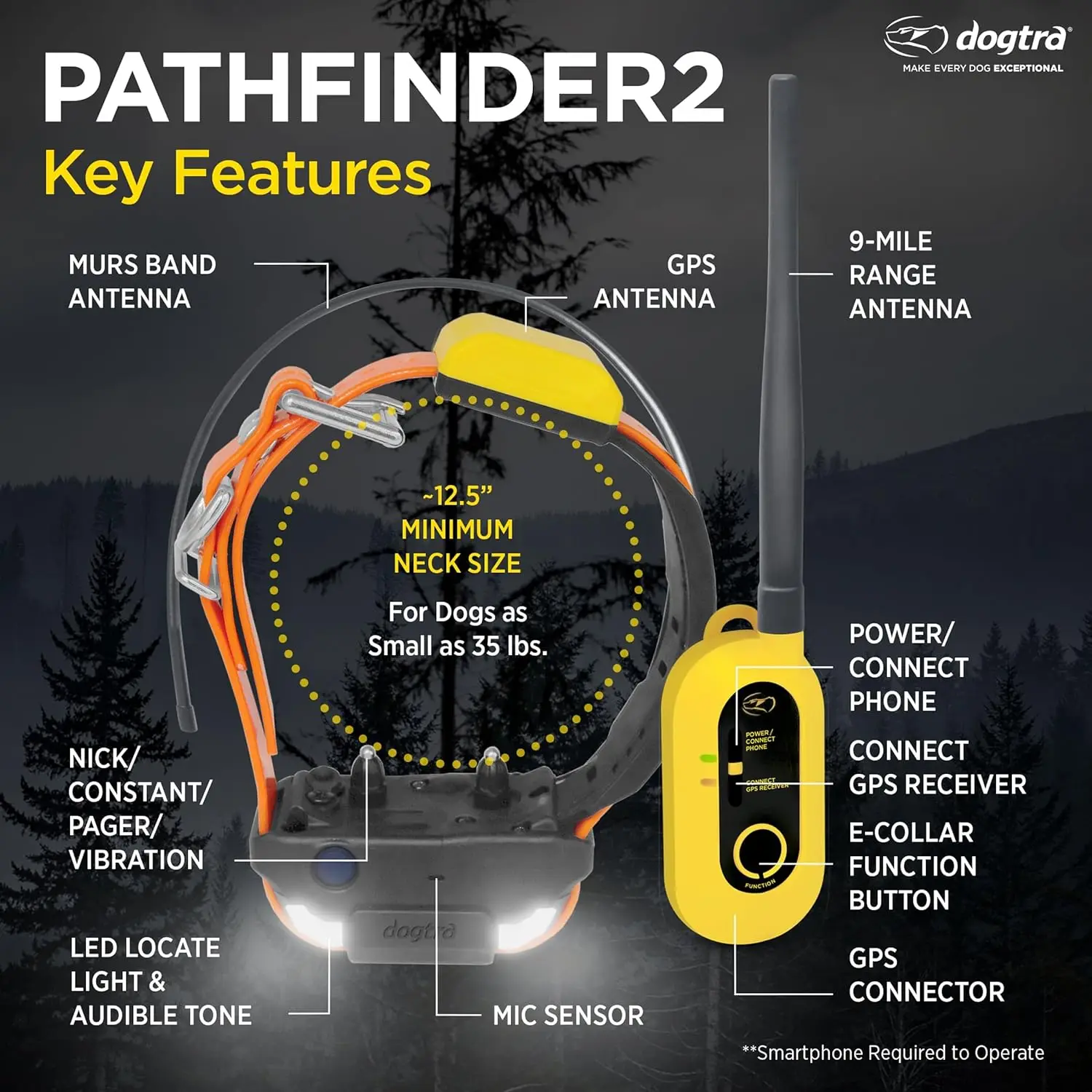 Dogtra Pathfinder 2 GPSドッグトラッカー 首輪 9マイル長距離 LEDライト 月額料金なし 無料アプリ 防水 スマートウォッチコントロール